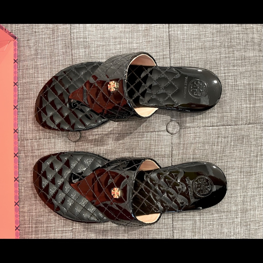 Tory Burch Quilted Kent Sandal in Black Patent Leather